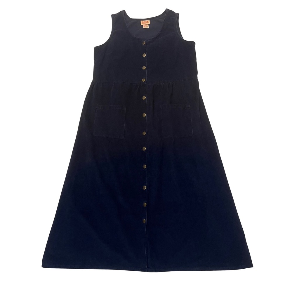 Vermont Country Store Navy Blue Corduroy 100% Cotton Button Front Jumper Dress L